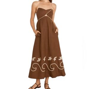 Mon Renn Brown Cream Embroidered Smock Back Midi Sundress Pockets US Large